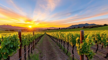 Obraz premium A breathtaking view of a vineyard during sunset, with lush green vines stretching into the distance under a sky painted with vibrant hues of orange and yellow.