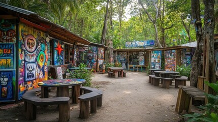 A charming street filled with colorful, artistic murals on buildings, surrounded by lush greenery.