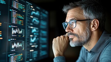 Focused man analyzing financial data on a digital screen.