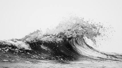 A dynamic water wave crashing and scattering droplets at sunset