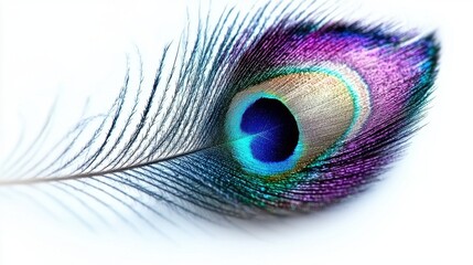 Obraz premium A vibrant peacock feather showcasing stunning iridescent colors, emphasizing its intricate patterns and delicate structure.