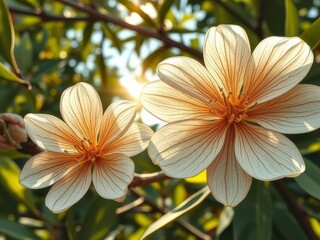 Fototapeta premium A close-up photo of a brown flower with the sun shining through the leaves in the background