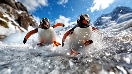 In a burst of energetic joy, two penguins run through shallow icy water, splashing droplets into the air and showcasing the playful spirit of these Antarctic creatures.