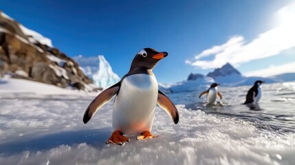 Obraz premium Three penguins stand on a snowy Antarctic beach, basking under the bright sun, with rugged icy mountains and clear blue skies in the background.