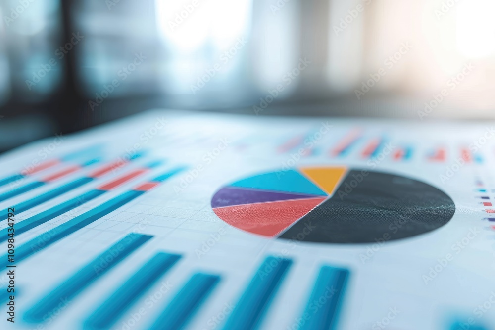 Poster a close-up view of a colorful pie chart and bar graphs on a printed report, highlighting data analys