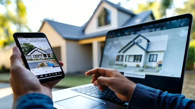 A man holds a smartphone displaying a detailed map, while his laptop screen beside him shows a real estate website with high-quality home images, highlighting digital convenience i