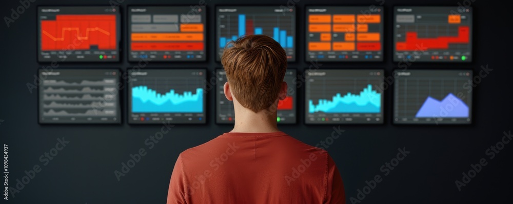Poster a person analyzes multiple digital screens displaying various data visualizations, including graphs 