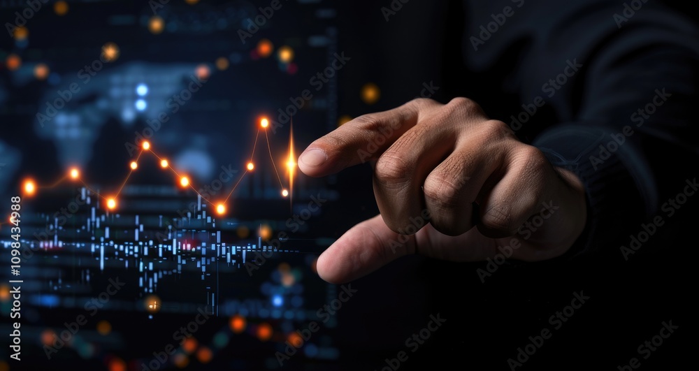 Poster a human hand interacts with a digital interface displaying data metrics and visualizations, symboliz