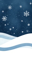 A serene winter scene featuring snowflakes gently falling over rolling hills against a deep blue night sky.