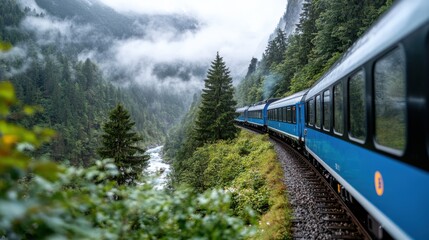 Obraz premium A blue train travels along a scenic route, winding through lush green mountains and dense mist, showcasing nature's breathtaking beauty in a serene environment.