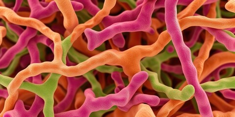 A colorful microscopic view of intertwined bacteria, showcasing vibrant colors and complex shapes in a dense network.