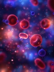 A vibrant depiction of red blood cells and other cellular structures against a cosmic backdrop, highlighting the microscopic world of biology.