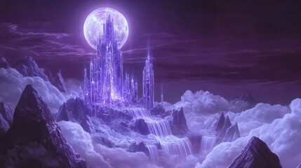 Obraz premium A crystal castle floating in the clouds, illuminated by a radiant full moon, with shimmering waterfalls cascading down