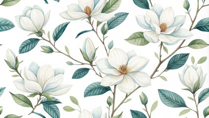 Fototapeta premium Watercolor Magnolia Seamless Pattern Botanical Illustration of Elegant Blooms and Teal Leaves