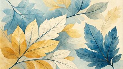 Fototapeta premium Watercolor Leaf Composition Teal, Gold, and Beige Botanical Artwork