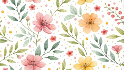 Watercolor Floral Seamless Pattern Peach, Yellow Blooms and Dots on White
