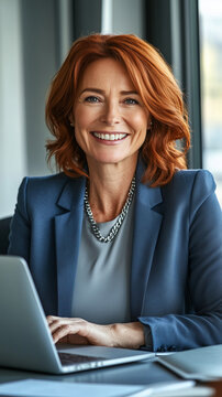 Portrait d'une femme de 60 ans rayonnante au travail dans un costume color&eacute; &agrave; son bureau : cheffe d'entreprise, dirigeante, cadre ex&eacute;cutif,  poste &agrave; responsabilit&eacute;, top manager, avocate, DRH