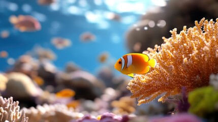 A brightly colored clownfish navigates among lush coral formations in crystal-clear oceanic waters, captured in stunning detail with vivid colors and clarity.