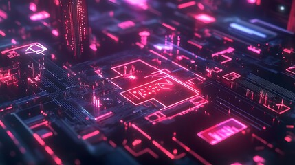 Fototapeta premium A futuristic digital circuit board illuminated with vibrant pink and purple lights.
