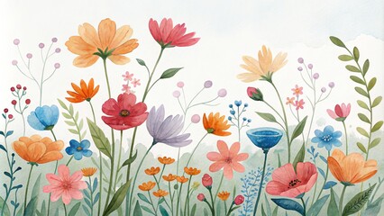 Fototapeta premium Watercolor Floral Meadow Stylized Blooms in Vibrant Hues