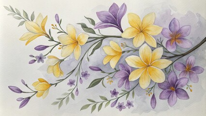 Watercolor Floral Composition Yellow and Purple Blooms on Grey Wash