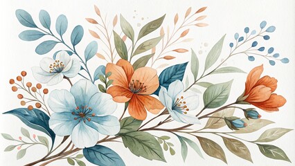 Watercolor Floral Arrangement Blue, Orange, and Green Botanicals