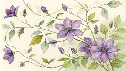 Fototapeta premium Watercolor Clematis Floral Branch Composition, Pale Beige Background
