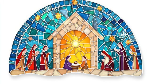 Colorful stained glass nativity scene artwork.