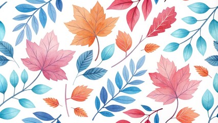 Watercolor Autumn Leaves Pastel and Teal Branch Composition