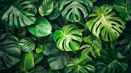 Fototapeta premium Beautiful Tropical Leave Pattern. Lush green Monstera Leaves and Ferns. Perfect for Wallpapers and Jungle Themed Content.