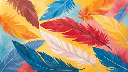 Vibrant Feather Composition Abstract Watercolor Painting of Multicolored Feathers on Yellow Background