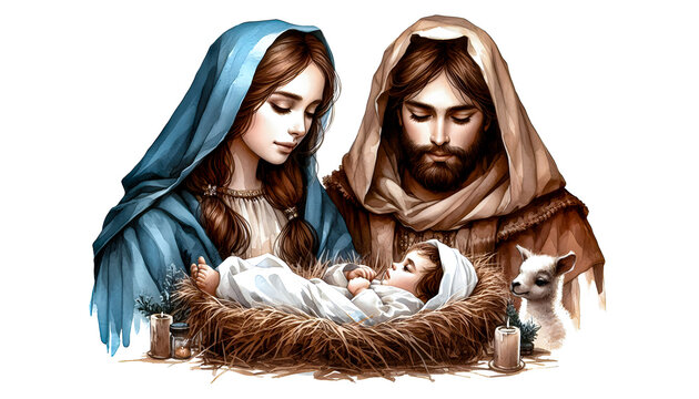 Transparent background Watercolor illustration of Marry and Josef admiring Baby Jesus in nativity.