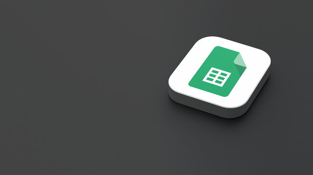3D-rendered icon of the Google Sheets app logo, featuring a sleek, minimalistic design. The logo appears on a dark gray background within a white square with rounded corners.