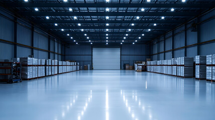 Fototapeta premium Vast Industrial Warehouse Interior, Clean, well-lit space with organized pallets, showcasing efficient logistics and storage solutions.