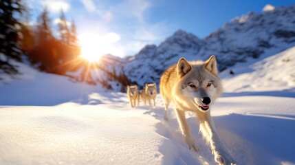 Fototapeta premium A serene scene of wolves walking across a sunlit snowy landscape in a valley surrounded by majestic mountains, portraying harmony with nature.
