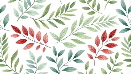 Fototapeta premium Seamless Watercolor Botanical Pattern Red and Green Leaves