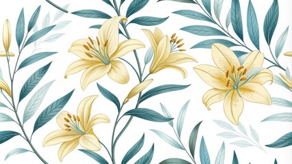 Fototapeta premium Seamless Pattern Pale Yellow Lilies and Teal Leaves Botanical Illustration