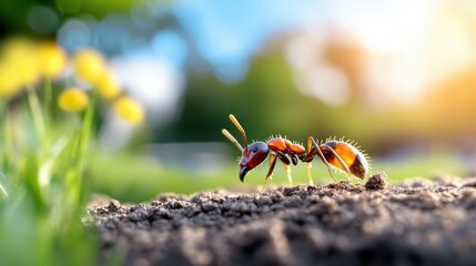 An ant steadily moves across the dusty ground under bright sunlight, casting small shadows, conveying the essence of steady persistence and sunny optimism.