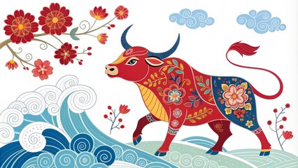 Fototapeta premium Ornate Floral Ox Waves, Clouds, and Chinese New Year Design