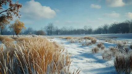 Walking through a snowy meadow near home, with tall grasses poking through the snow and a distant, snowy treeline. . 4K Video - Powered by Adobe