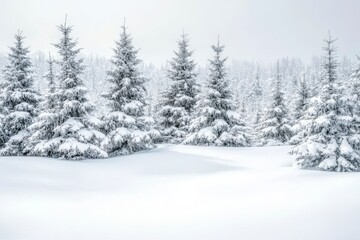 Fototapeta premium A peaceful winter scene featuring snow-laden pine trees in a quiet forest, capturing the essence of a serene, snowy landscape.