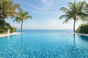 Serene ocean view from luxury infinity pool surrounded by tropical palm trees