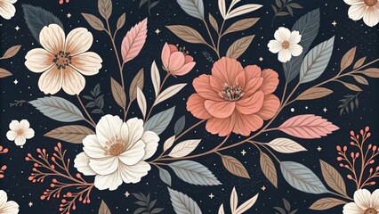 Night Bloom Seamless Floral Pattern, Dark Background, Botanical Illustration
