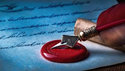 Close-up detailed shot of a love letter written on vintage parchment sealed with a red wax stamp