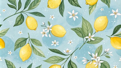 Lemons, Blossoms and Blue Watercolor Seamless Pattern Design