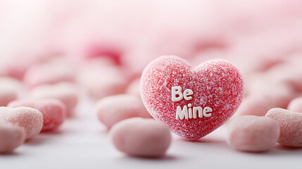 Fototapeta premium Heart-shaped candy with be mine inscription surrounded by smaller pink hearts - ideal for valentine's day festivities