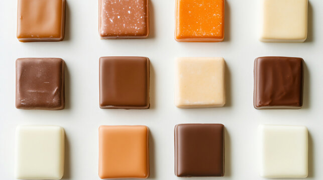 Top view of a set of square chocolate pralines forming a colorful and delicious pattern on a white background