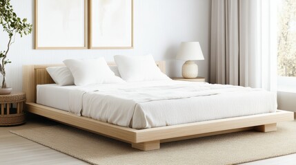A spacious and serene bedroom with a minimalist design featuring a plush bed with crisp white linens, a wooden platform bed frame, and a natural wood side table with a lamp.