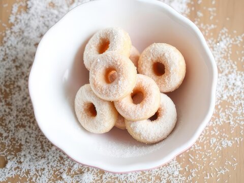 Ice suger coated dounuts in the white ceramic bowl