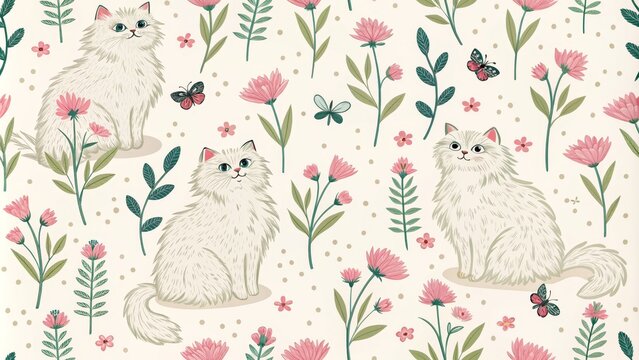 Floral Cat Seamless Pattern White Persian Cats, Pink Flowers, Butterflies